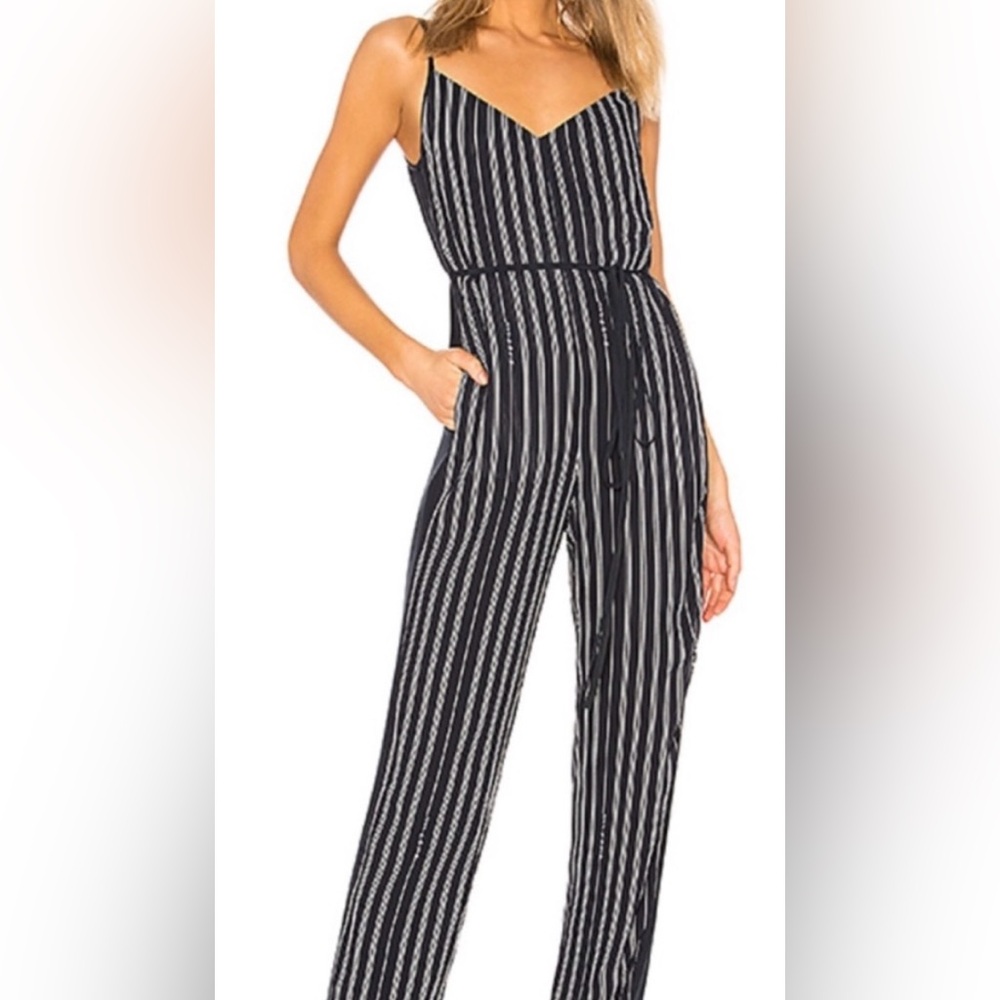 Rag & Bone Rosa Sleeveless Logo Navy Striped V-Neck Jumpsuit